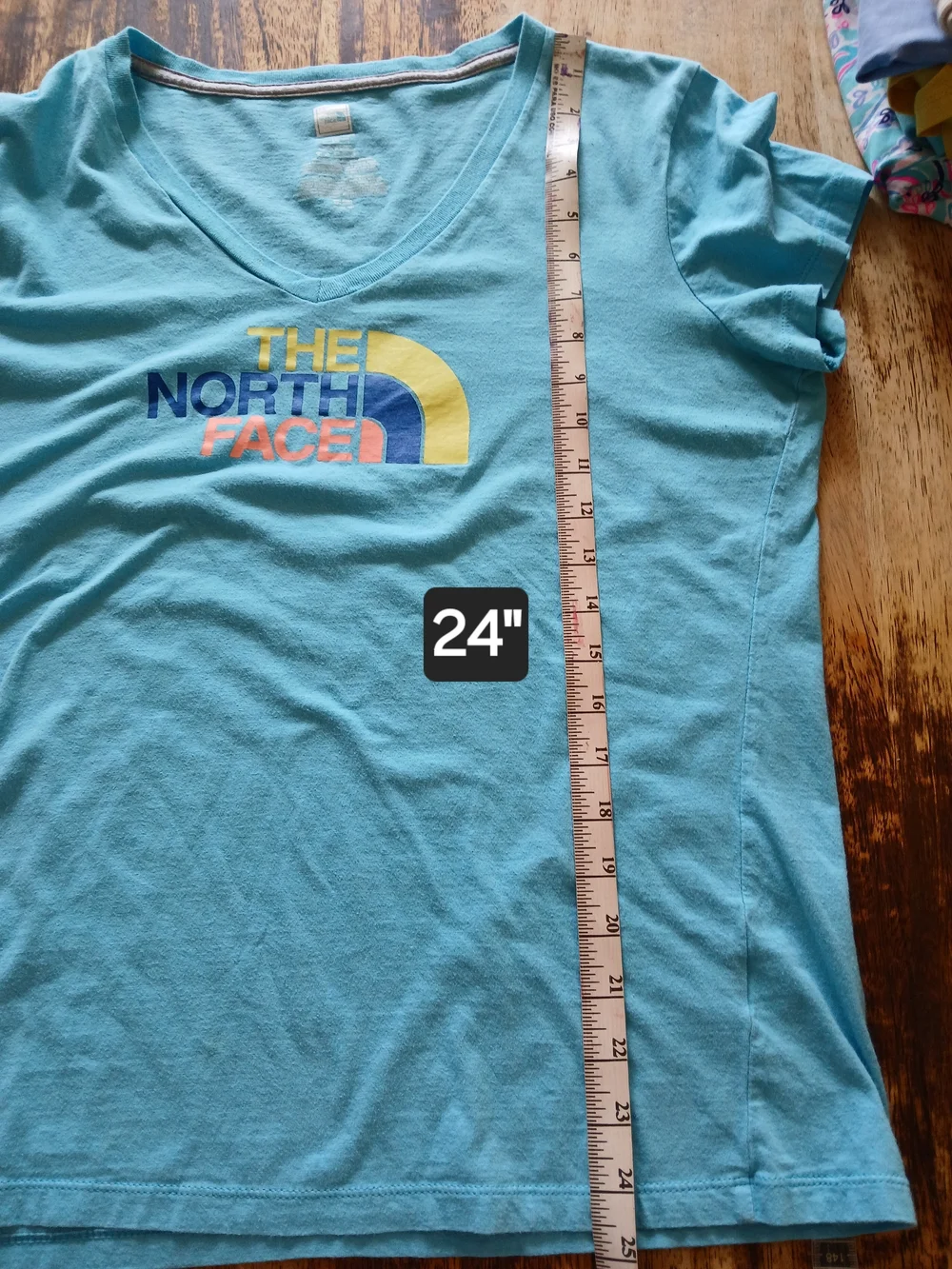 The North Face Women’s V-Neck Tee in Aqua with Multicolor Logo - Picture 7 of 7